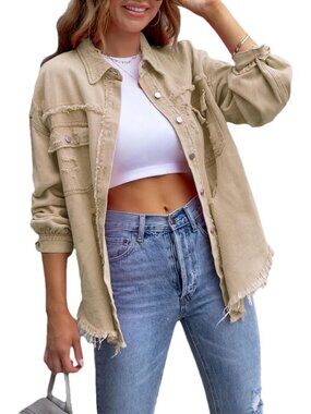 Women's Khaki Ripped Distressed Denim Jacket Oversized Basic Casual Jean Jacket